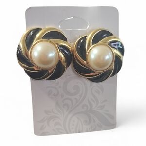 Vintage Black Gold Pearl Knot Stud Earrings Classic Elegant Statement Retro